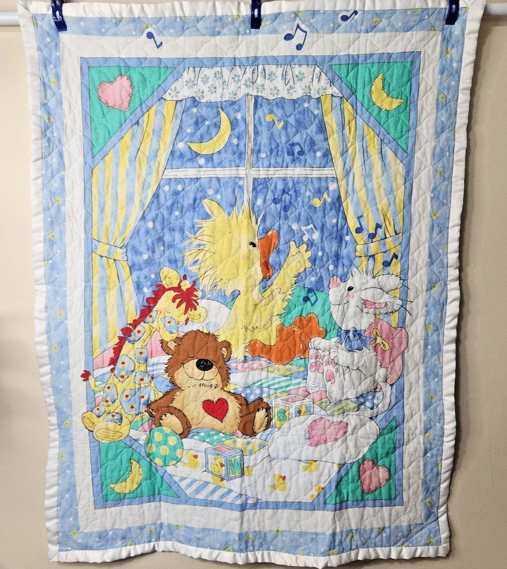Vintage Little Suzy’s Zoo Baby Quilted Crib Blanket 35X45”- Satin Trim